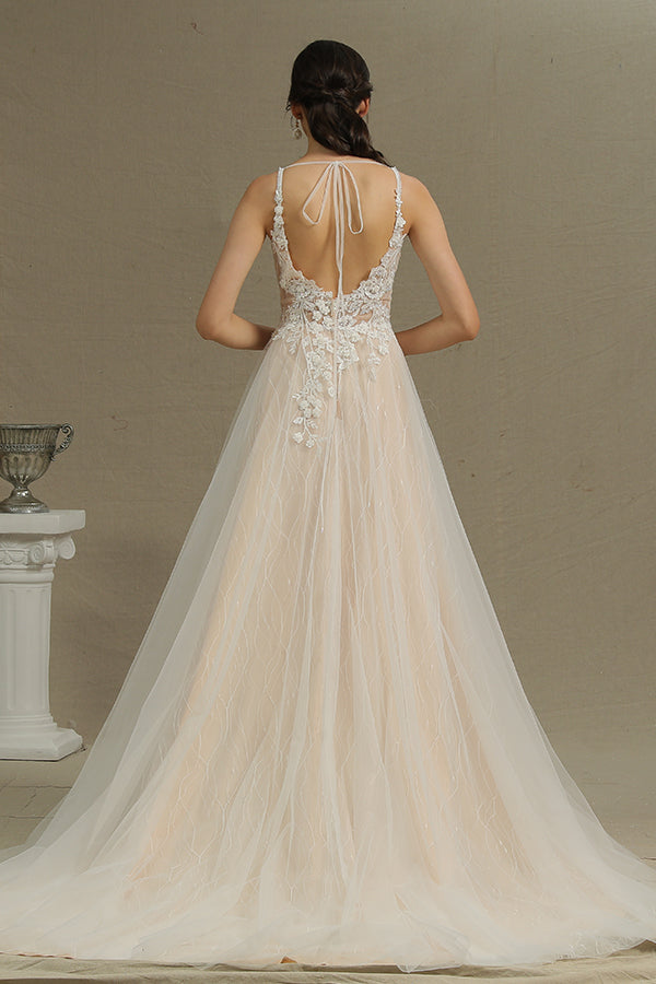 A-line Wedding Dress with Straps Floral Appliques & Split Backless-BallBride