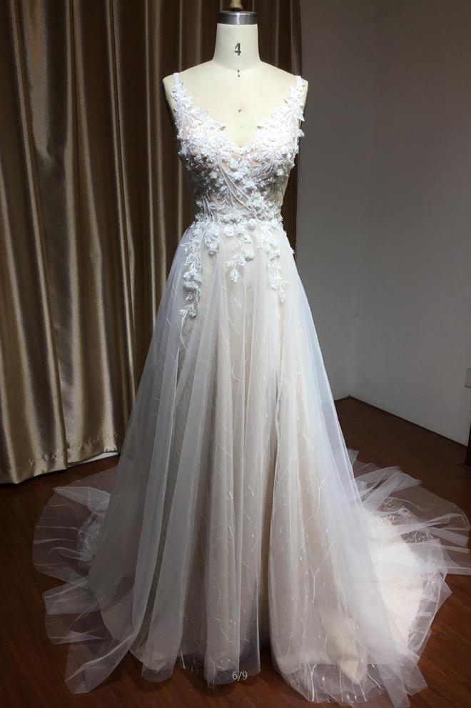 A-line Wedding Dress with Straps Floral Appliques & Split Backless-BallBride