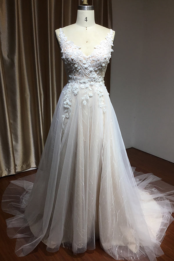 A-line Wedding Dress with Straps Floral Appliques & Split Backless-BallBride