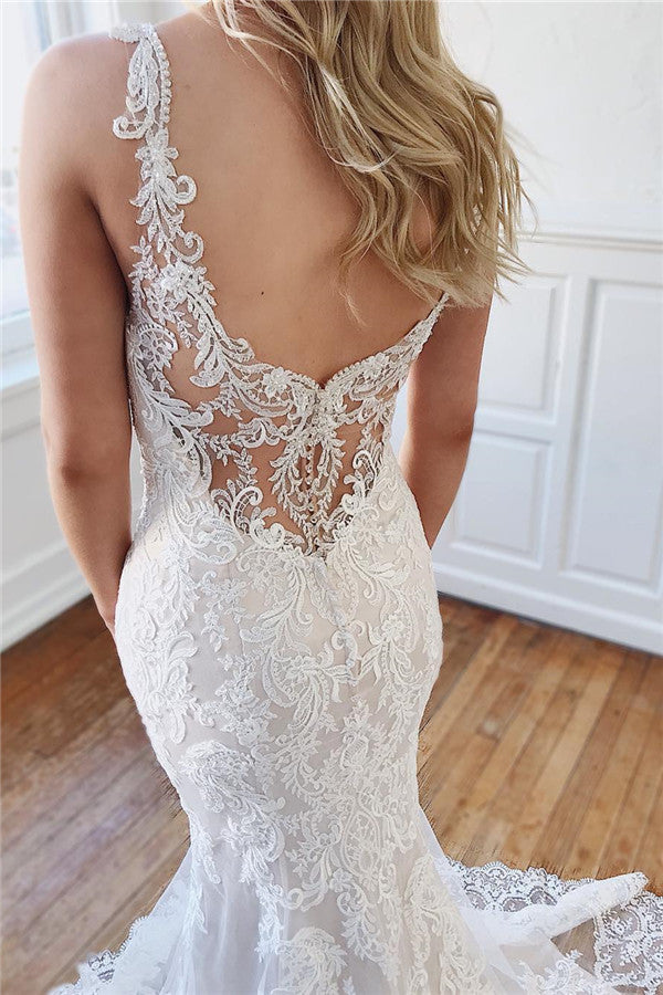 Alluring Straps Lace Crystal Mermaid Wedding Dresses With Appliques-BallBride
