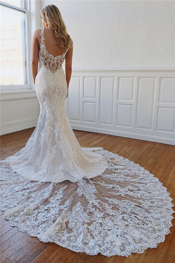 Alluring Straps Lace Crystal Mermaid Wedding Dresses With Appliques-BallBride