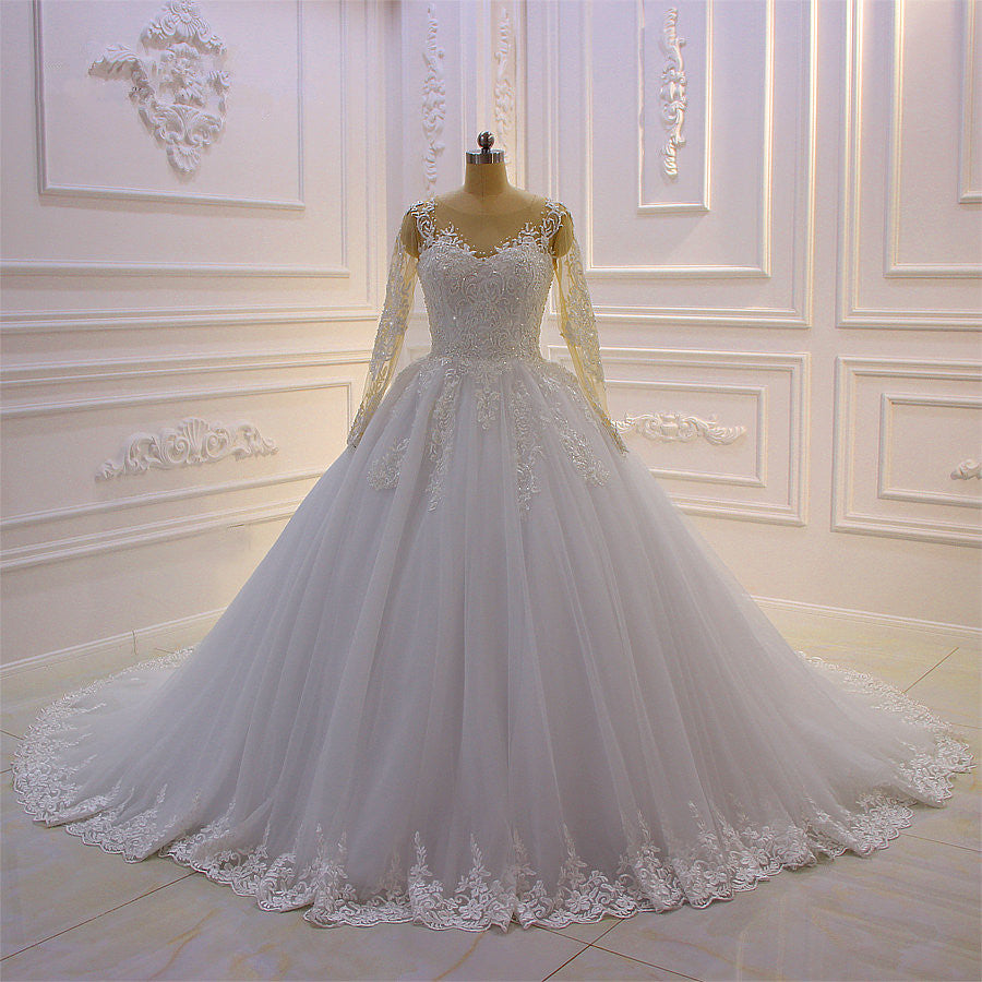 Amazing Bateau Long Sleeves Lace Wedding Dress with Pearl Appliques-BallBride