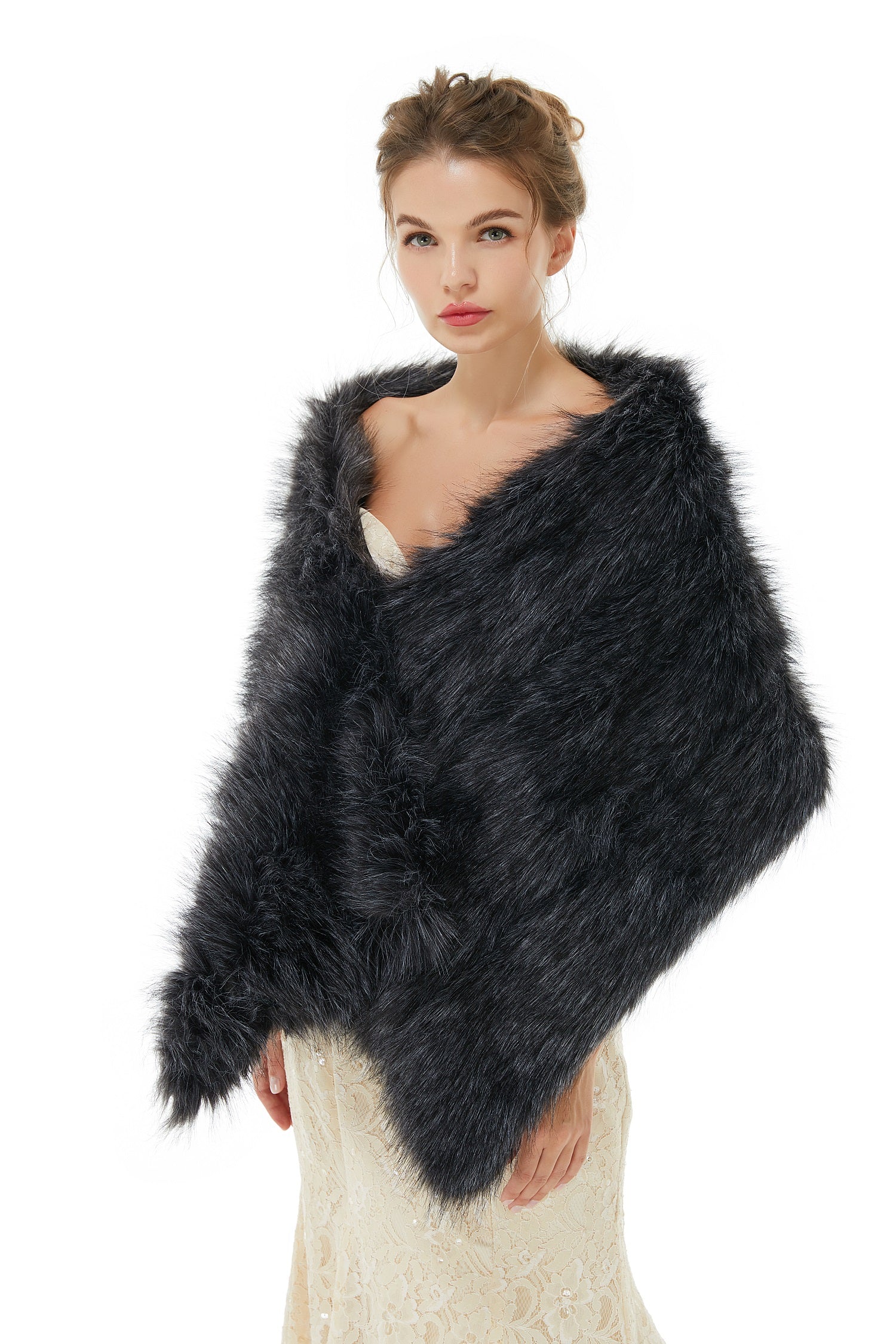 Amazing Black Winter Faux Fur Wedding Wrap Shawl for Brides-BallBride
