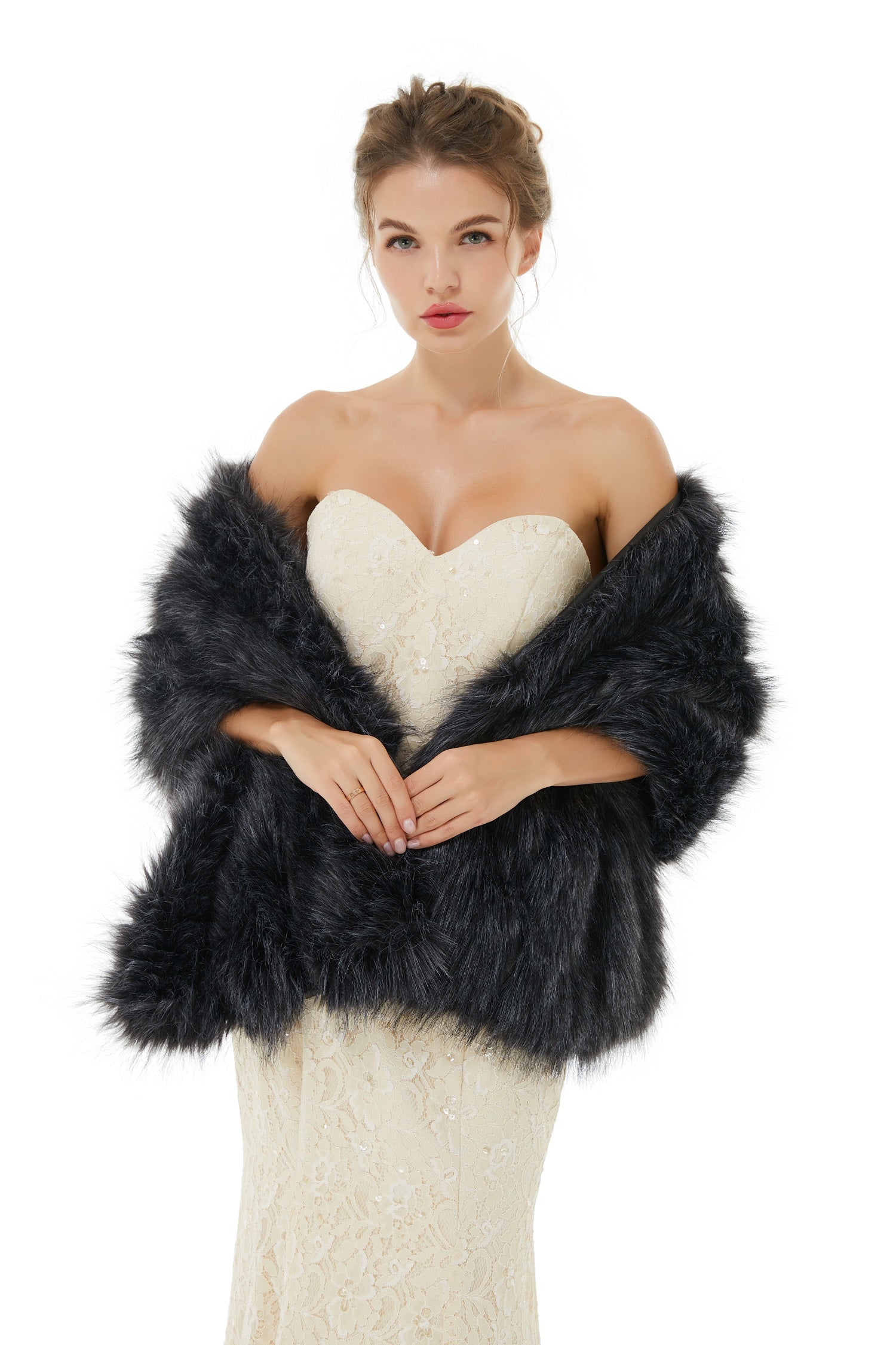 Amazing Black Winter Faux Fur Wedding Wrap Shawl for Brides-BallBride
