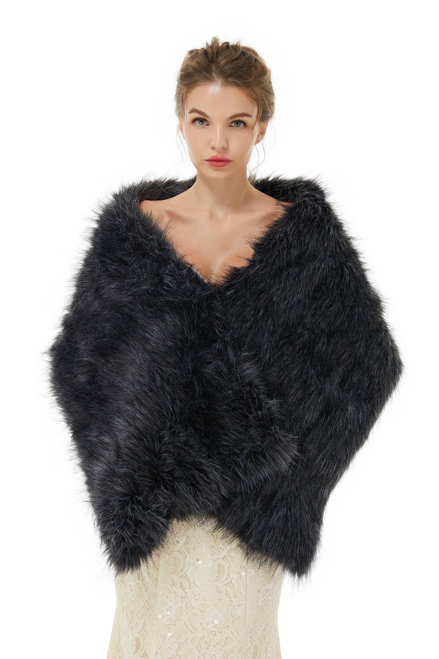 Amazing Black Winter Faux Fur Wedding Wrap Shawl for Brides-BallBride