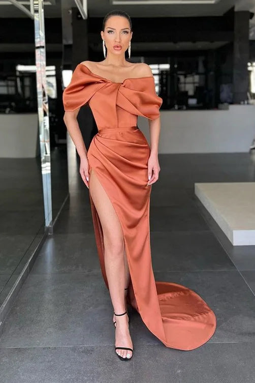 Amazing Burnt Orange Off-the-Shoulder Mermaid evening Dress Slit Long-BallBride