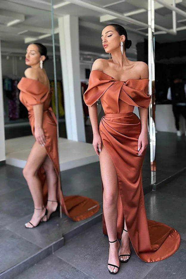 Amazing Burnt Orange Off-the-Shoulder Mermaid evening Dress Slit Long-BallBride