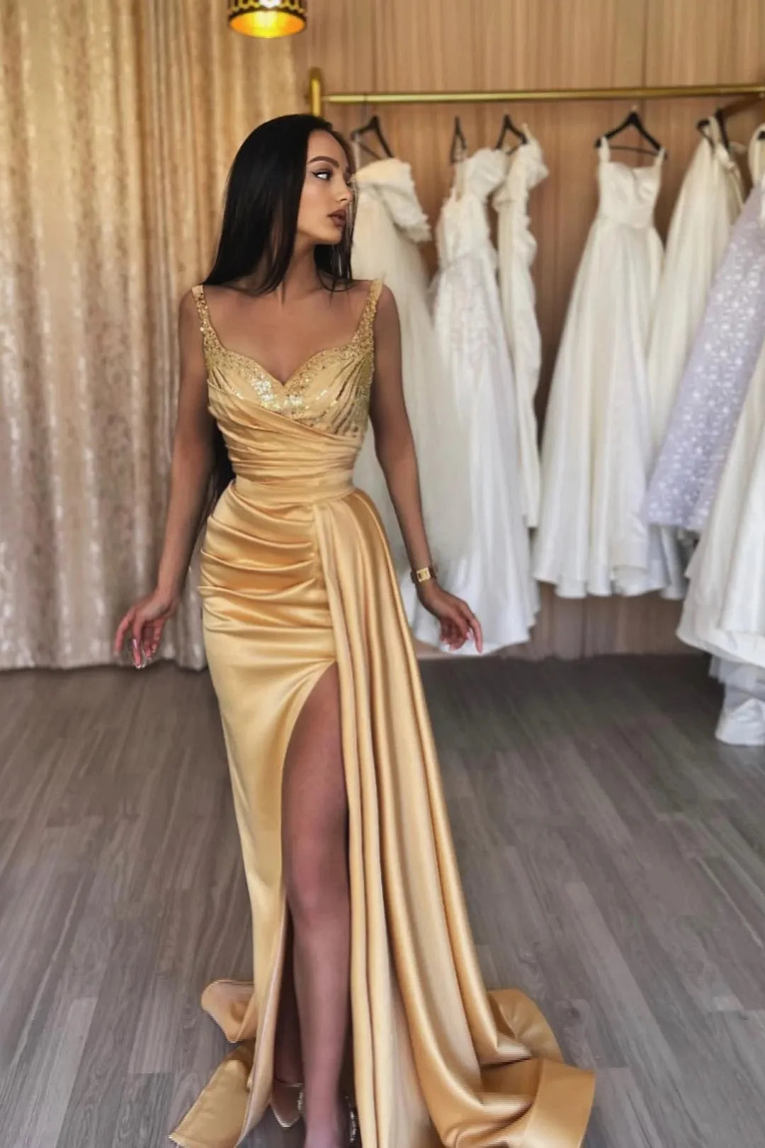 Amazing Champagne V-Neck Sleeveless Evening Dress Mermaid Sequins Slit-BallBride