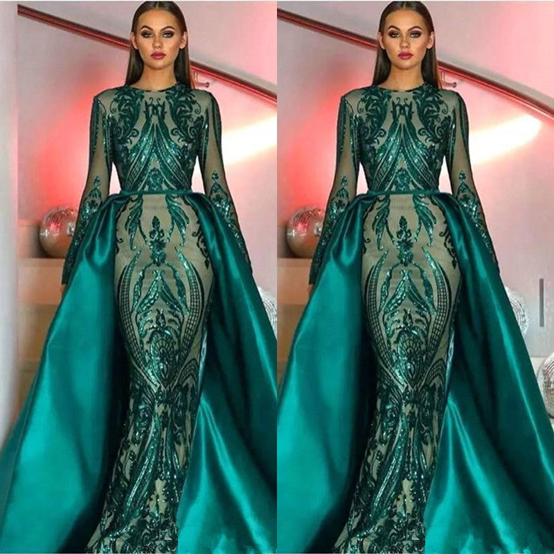Amazing Emerald Green Long Sleeves Sequins Mermaid Prom Dress-BallBride
