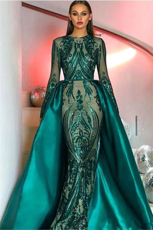 Amazing Emerald Green Long Sleeves Sequins Mermaid Prom Dress-BallBride