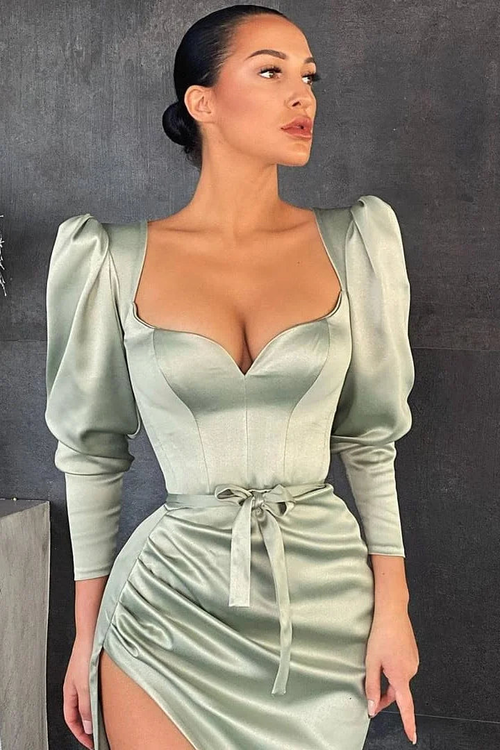 Amazing Long Sleeves Mermaid Prom Dress Sweetheart Dusty Sage Evening Gown With Slit-BallBride