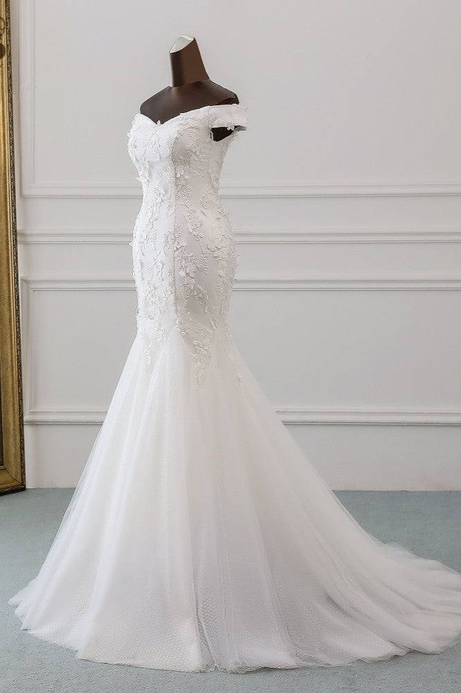 Amazing Off-the-Shoulder Mermaid Long Wedding Dress With Lace Appliques-BallBride