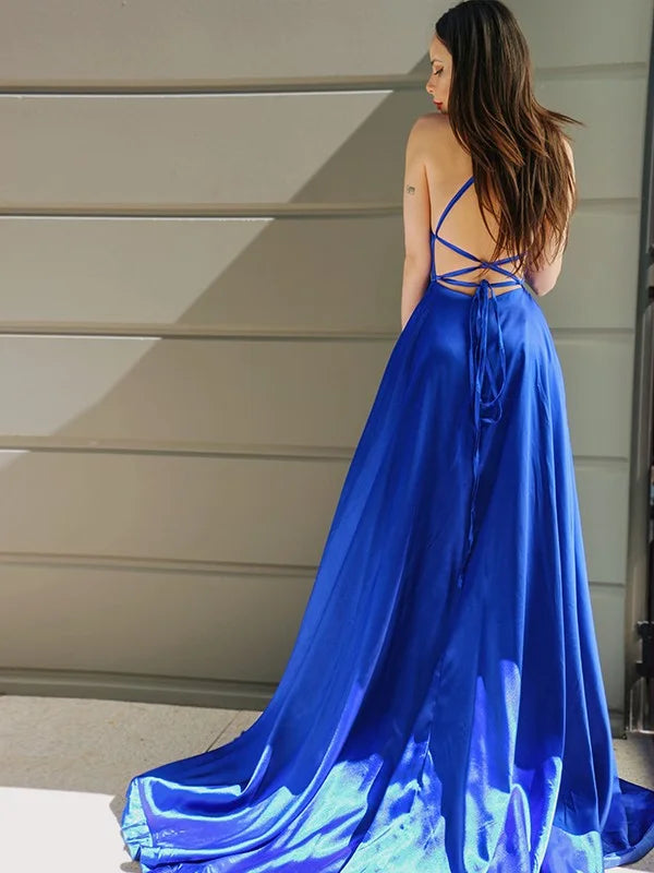 Amazing Royal Blue Halter Evening Dress With Split Long-BallBride