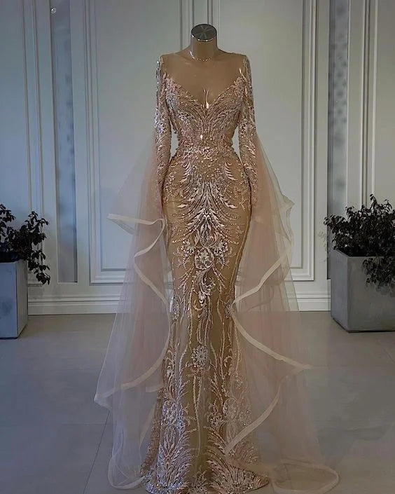 Amazing Ruffle Long Sleeves Evening Dress Tulle Lace Mermaid Dress-BallBride