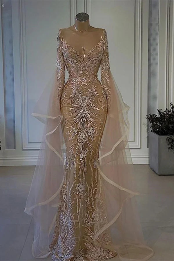 Amazing Ruffle Long Sleeves Evening Dress Tulle Lace Mermaid Dress-BallBride