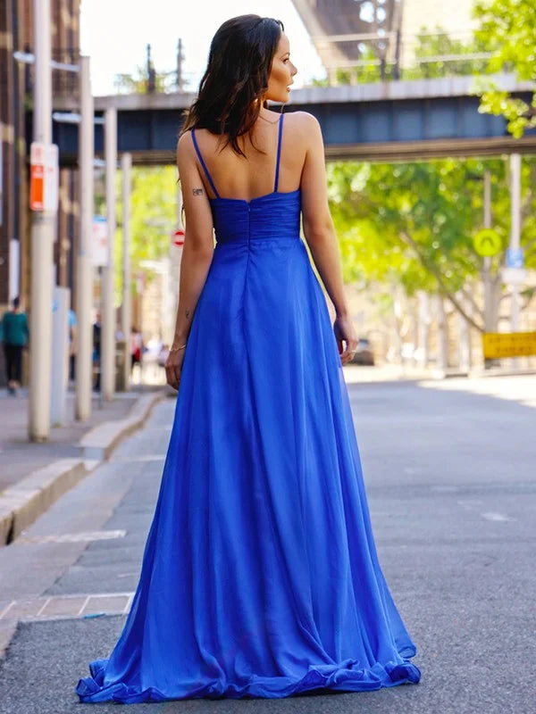 Amazing Spaghetti-Straps Royal Blue V-Neck Evening Dress With Slit-BallBride
