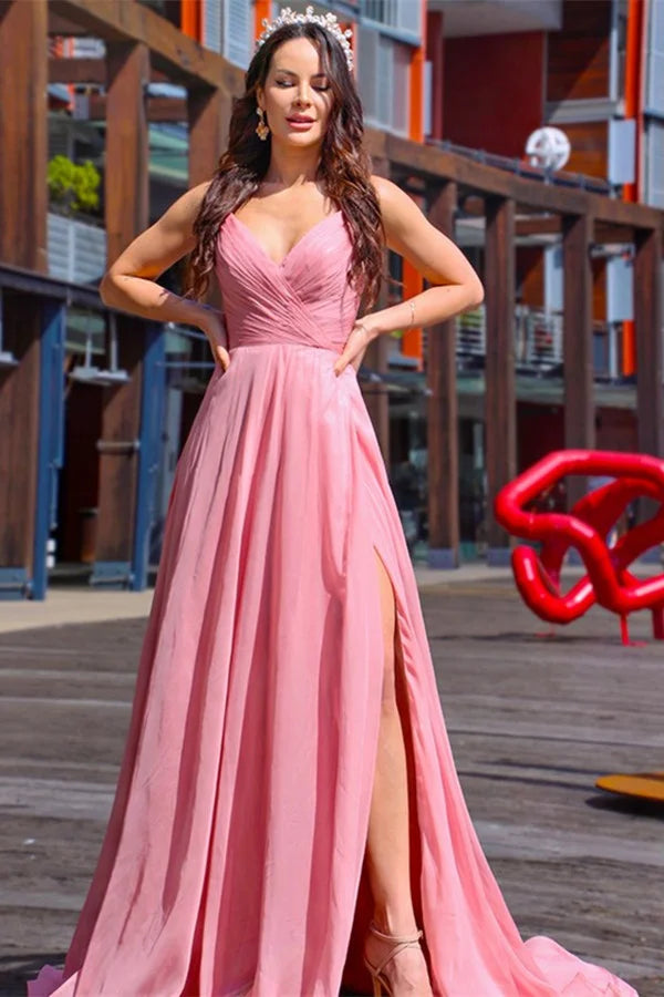 Amazing Spaghetti-Straps Royal Blue V-Neck Evening Dress With Slit-BallBride