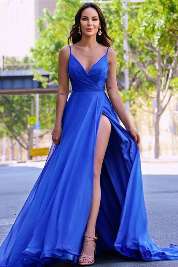 Amazing Spaghetti-Straps Royal Blue V-Neck Evening Dress With Slit-BallBride