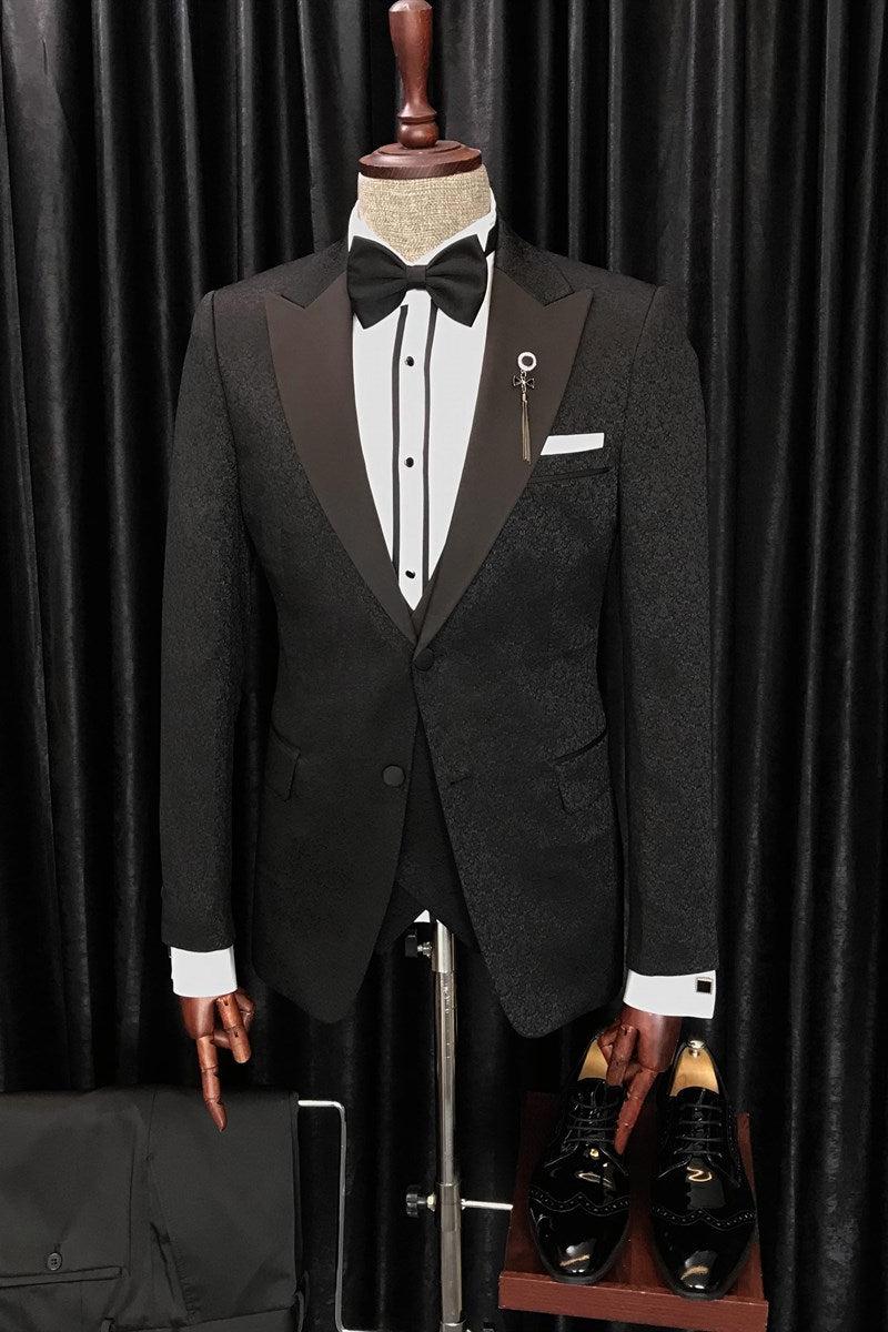 Anthony Newest Black Jaquard 3-Piece Peaked Lapel Wedding Suit for Men-BallBride