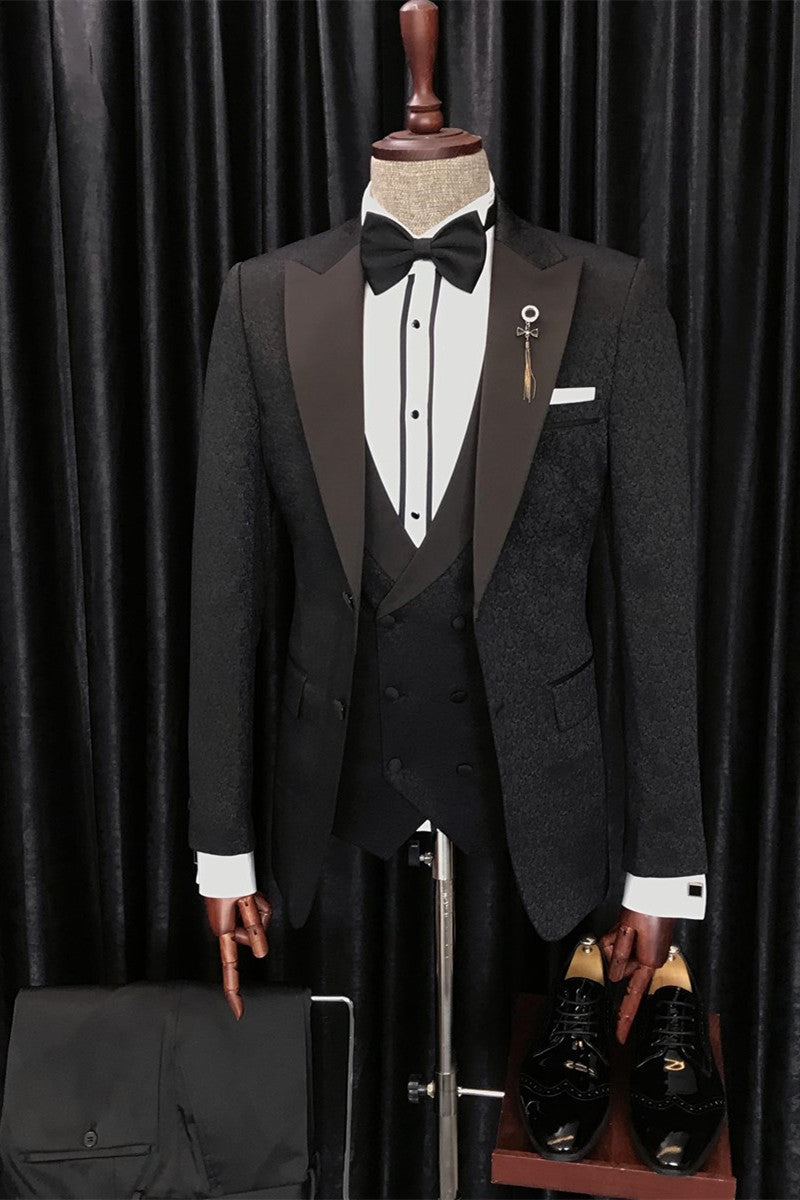 Anthony Newest Black Jaquard 3-Piece Peaked Lapel Wedding Suit for Men-BallBride