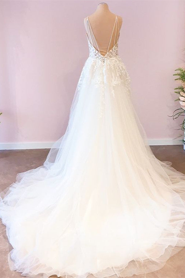 Attractive Sweetheart A-Line Tulle Wedding Dress with Spaghetti Straps-BallBride