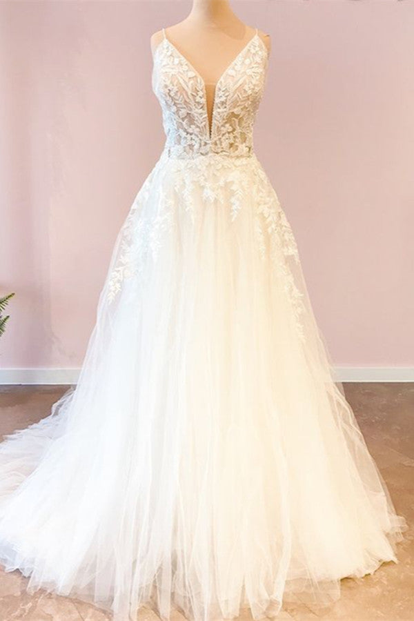 Attractive Sweetheart A-Line Tulle Wedding Dress with Spaghetti Straps-BallBride