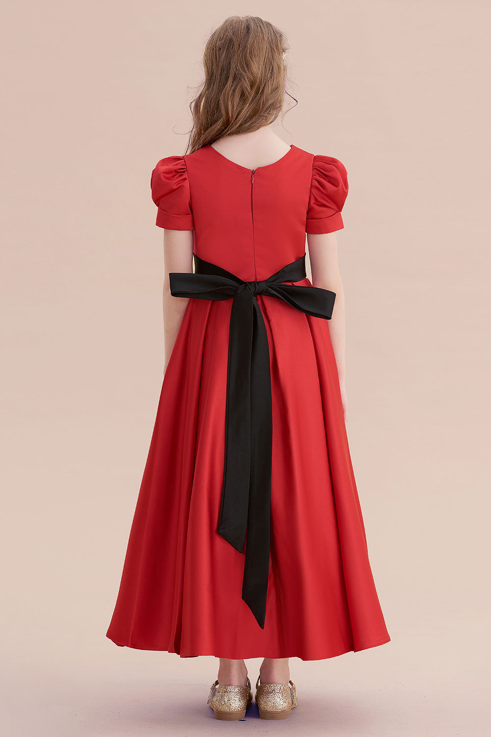 Awesome Short Sleeve A-line Satin Flower Girl Dress with Ribbons-BallBride