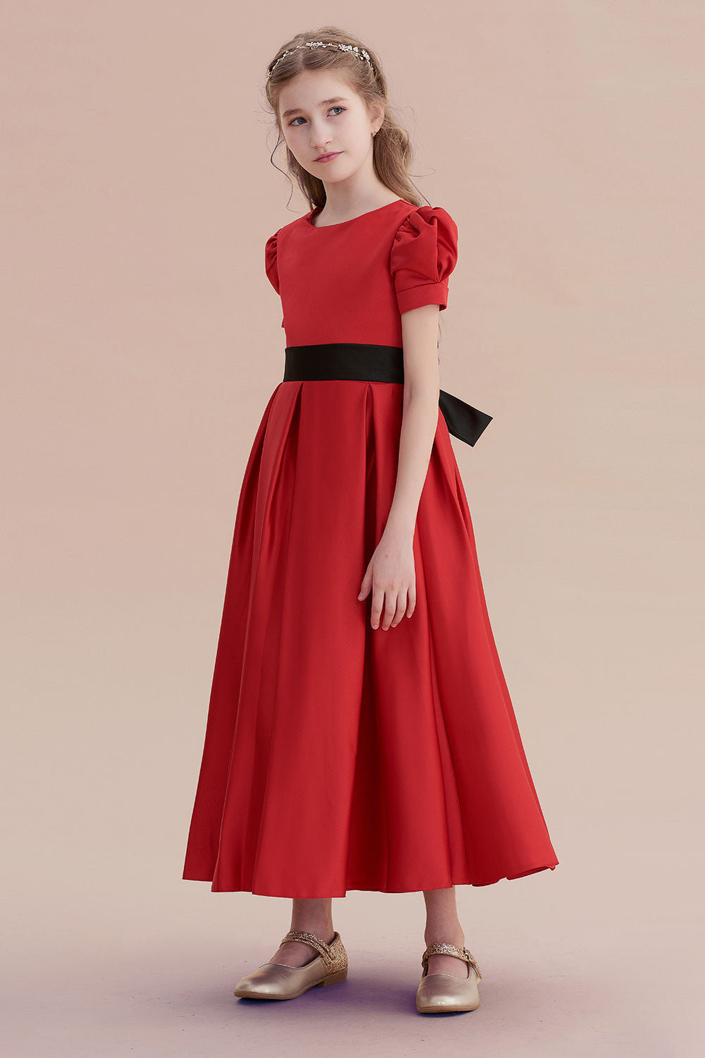 Awesome Short Sleeve A-line Satin Flower Girl Dress with Ribbons-BallBride