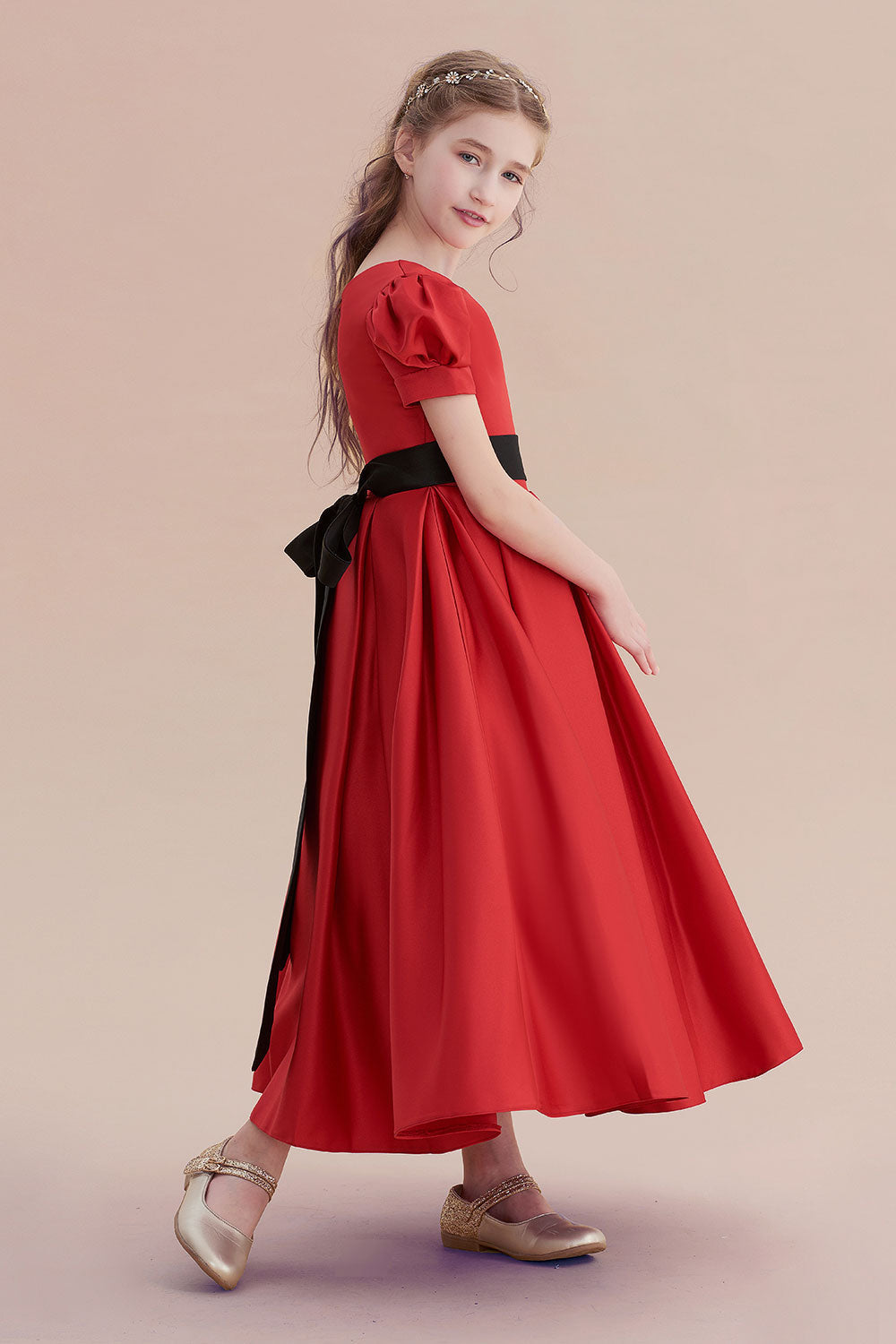 Awesome Short Sleeve A-line Satin Flower Girl Dress with Ribbons-BallBride