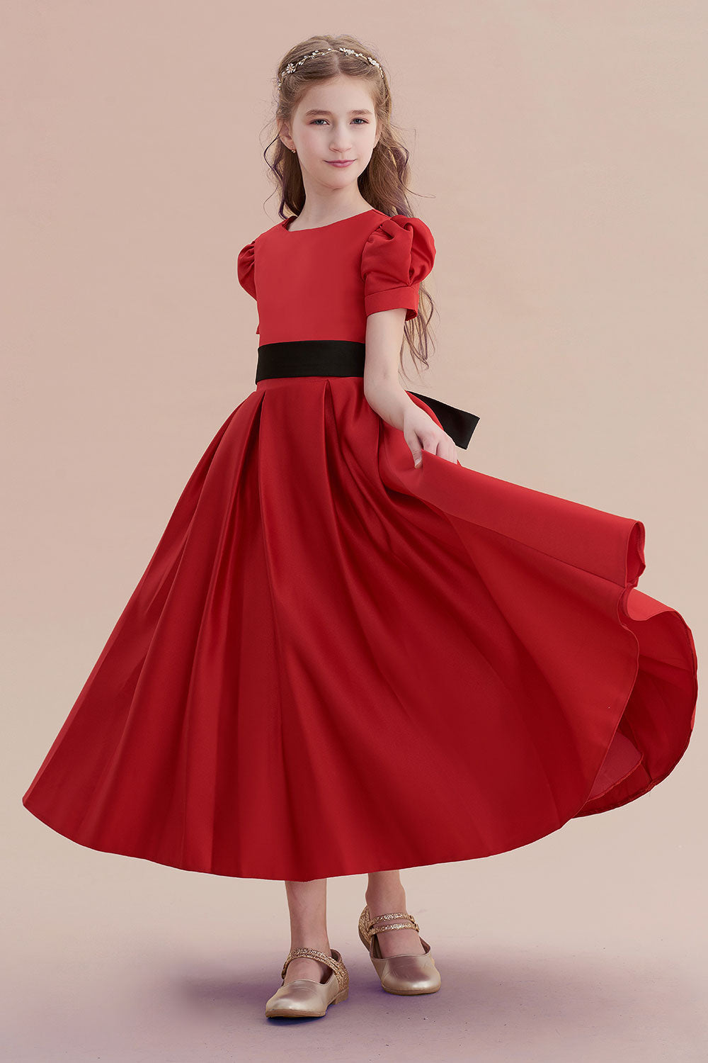 Awesome Short Sleeve A-line Satin Flower Girl Dress with Ribbons-BallBride