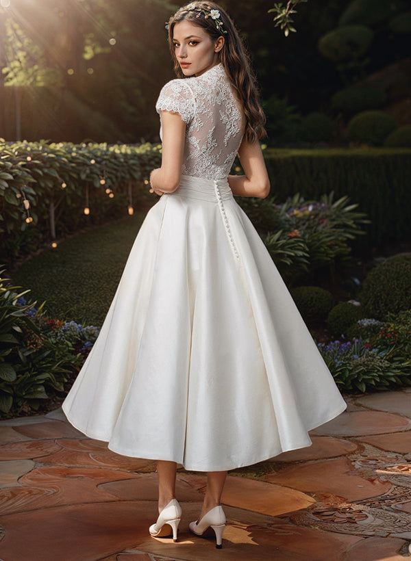 Ball-Gown V-Neck Short Sleeves Tea-Length Lace Satin Wedding Dresses-Ballbride