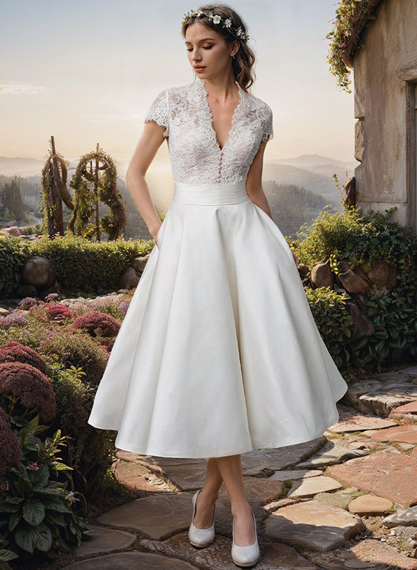 Ball-Gown V-Neck Short Sleeves Tea-Length Lace Satin Wedding Dresses-Ballbride