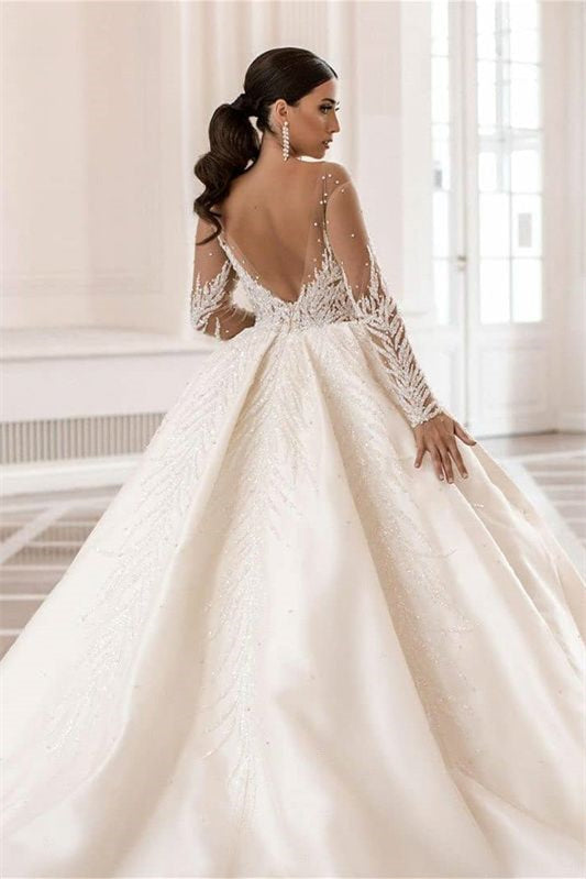 Bateau Long Sleeve Wedding Dress Ball Gown with Beautiful Applique-BallBride