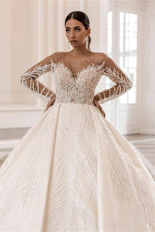 Bateau Long Sleeve Wedding Dress Ball Gown with Beautiful Applique-BallBride