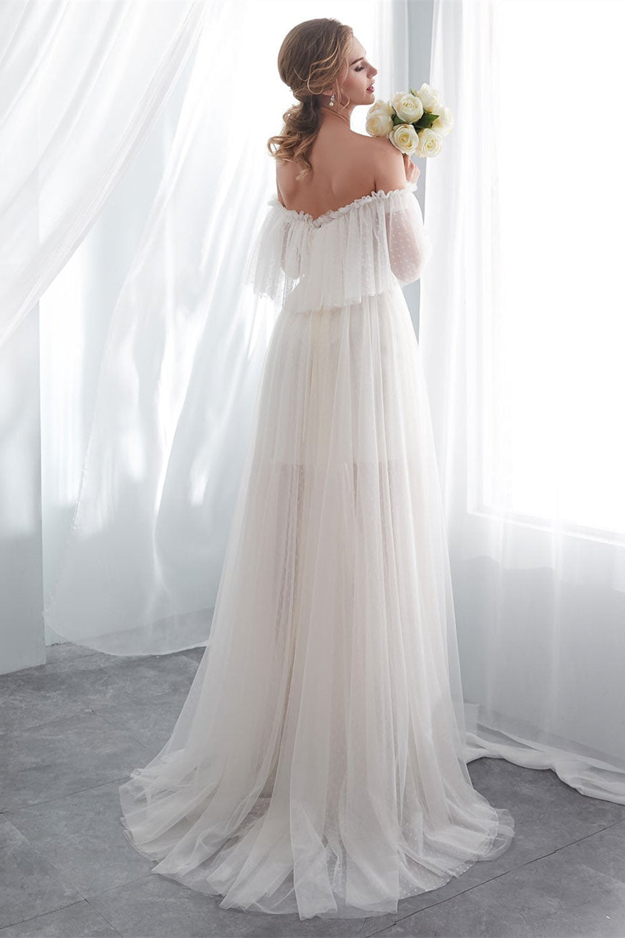 Beach Tulle Wedding Dress with Off-the-Shoulder Style-BallBride