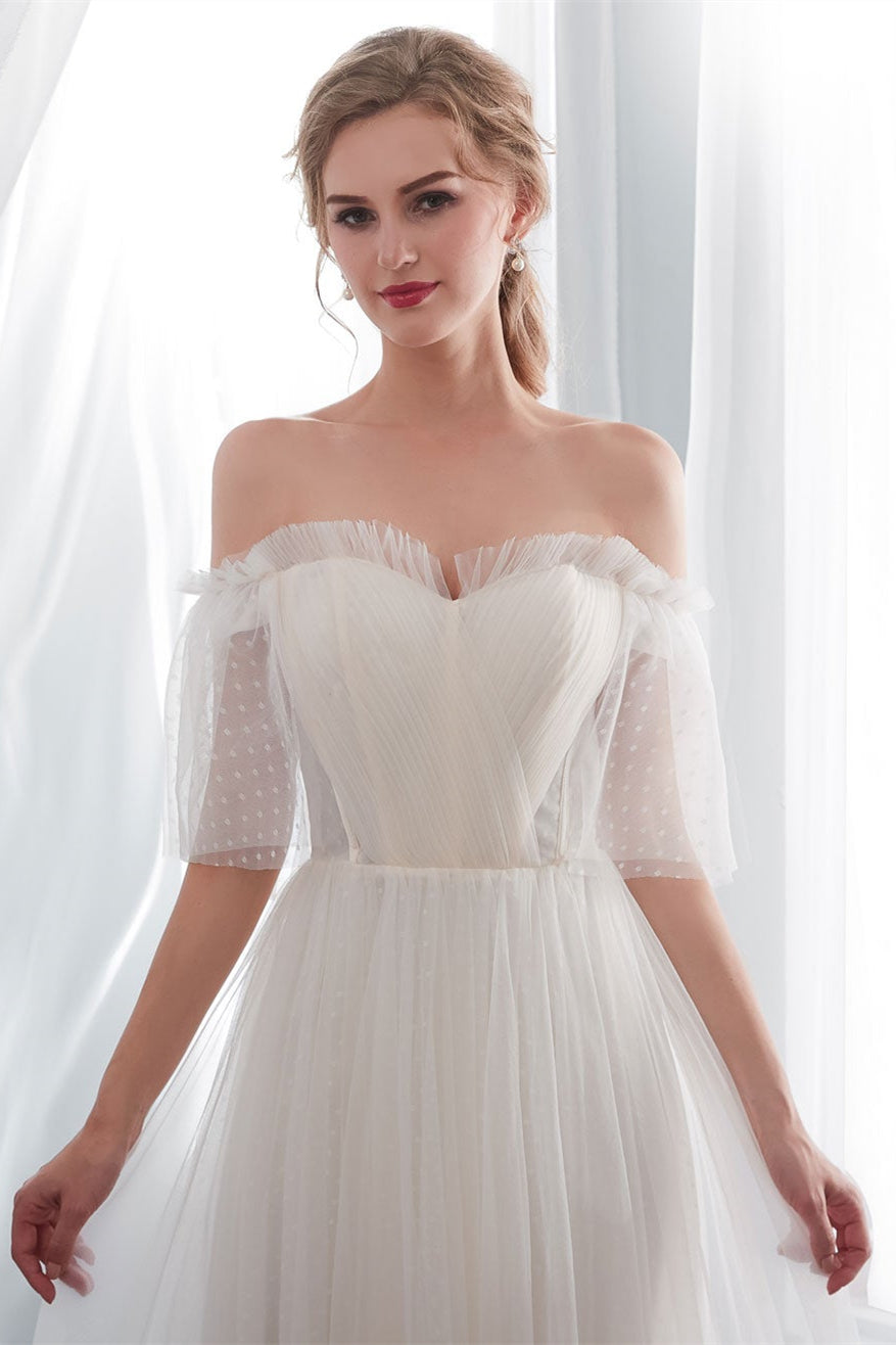 Beach Tulle Wedding Dress with Off-the-Shoulder Style-BallBride