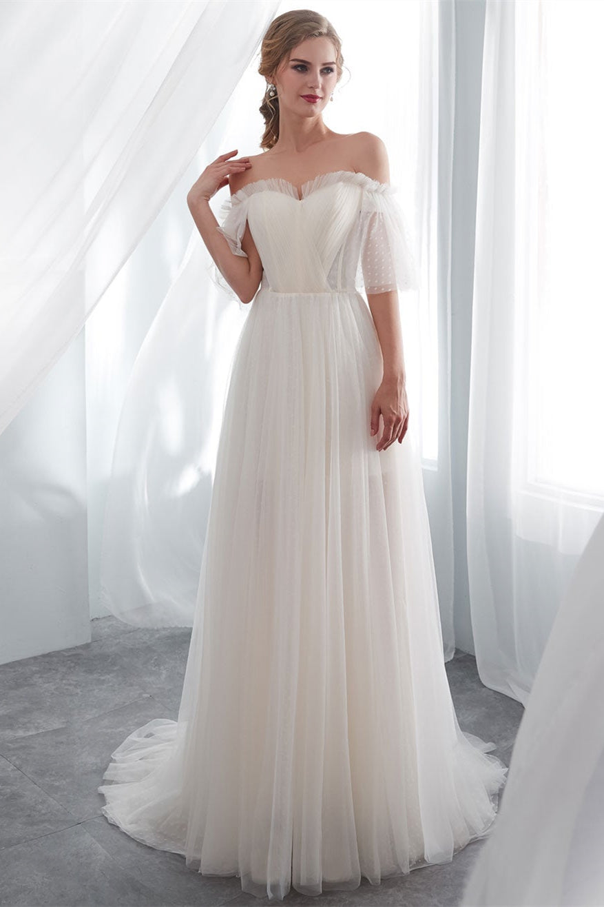 Beach Tulle Wedding Dress with Off-the-Shoulder Style-BallBride