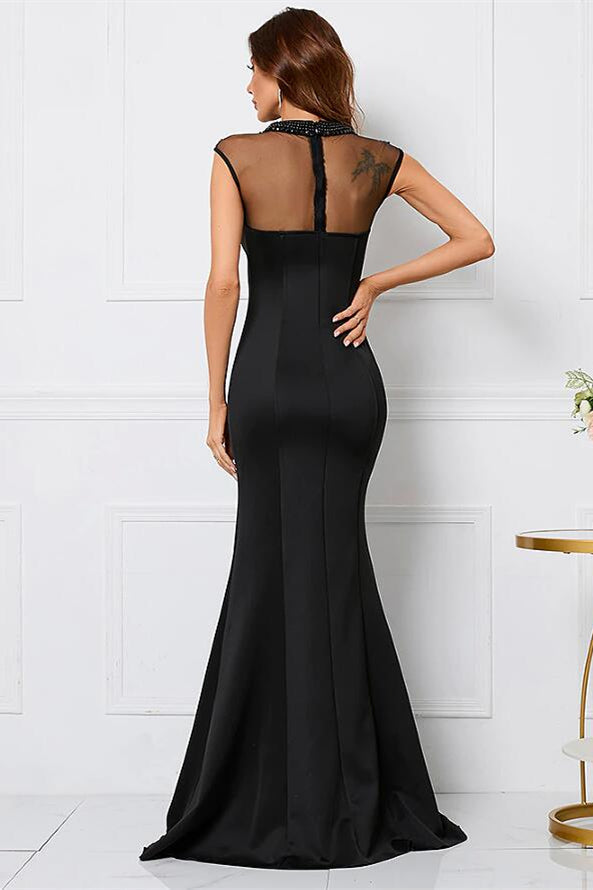 Beaded High Collar Mermaid Sleeveless Evening Dress - Black-BallBride