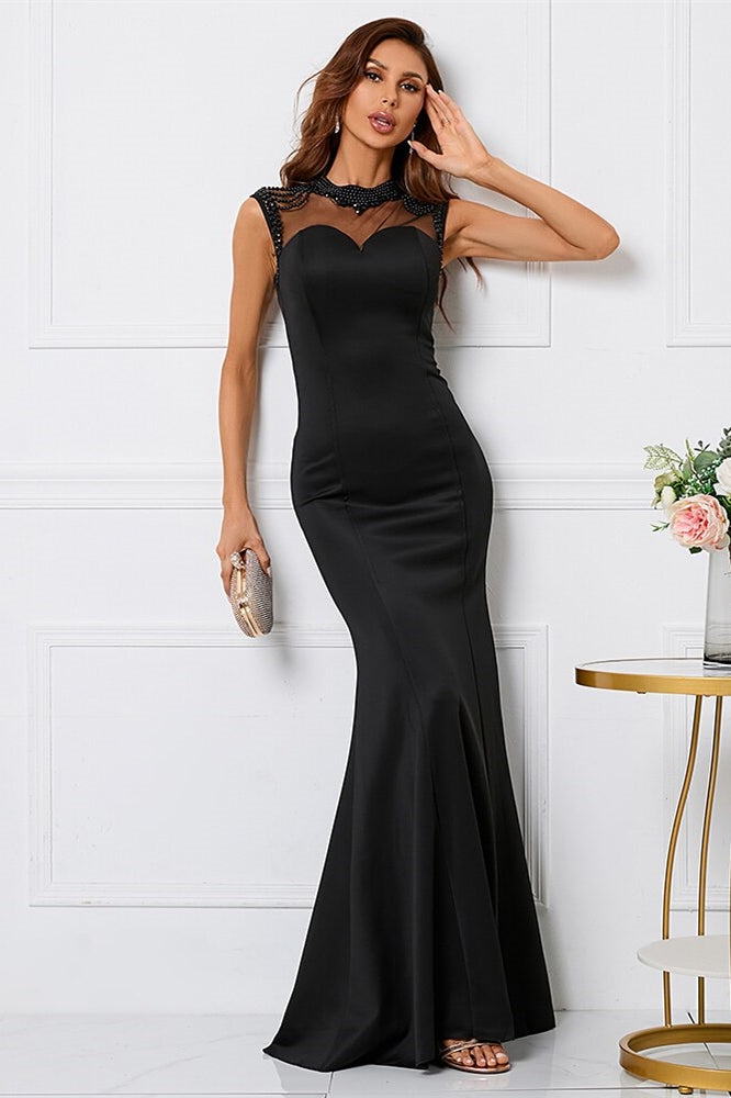 Beaded High Collar Mermaid Sleeveless Evening Dress - Black-BallBride