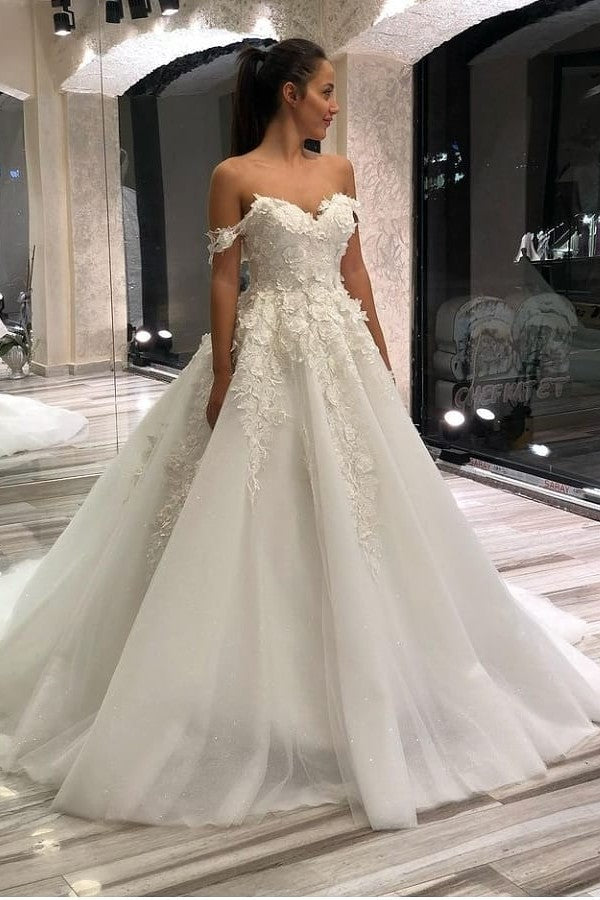Beautiful A-Line Sweetheart Off-the-Shoulder Wedding Dress with Appliques Lace Tulle-BallBride
