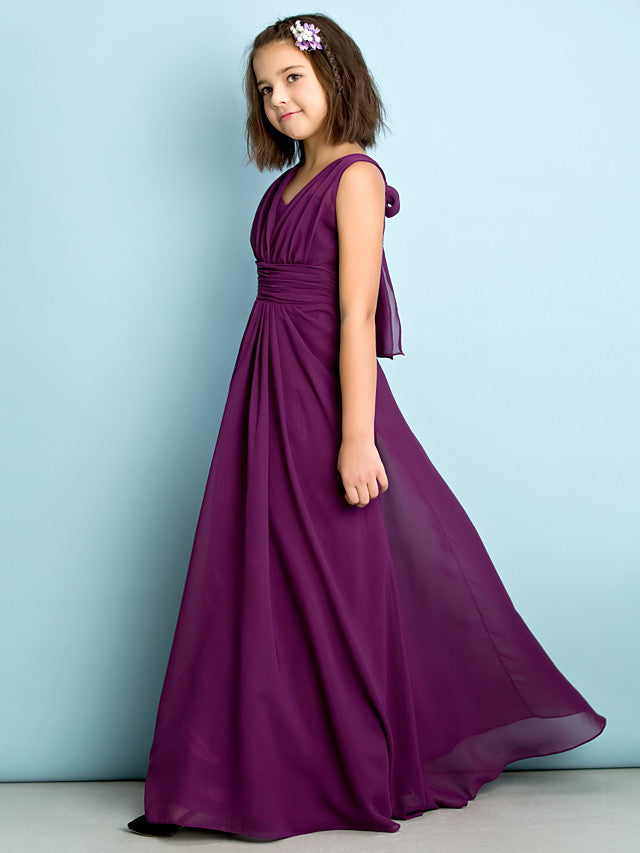 Beautiful A-Line V Neck Chiffon Flower Girl Dress Floor Length With Criss Cross Natural Mini Me-BallBride