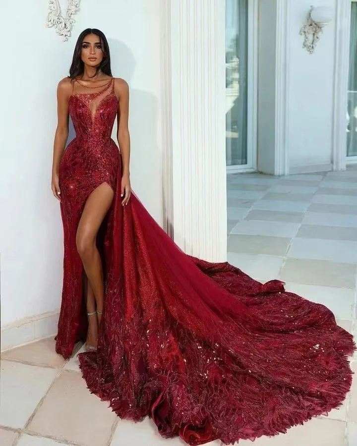 Beautiful Burgundy Sleeveless Mermaid Evening Dress Sequins Split Long With Sequins-BallBride