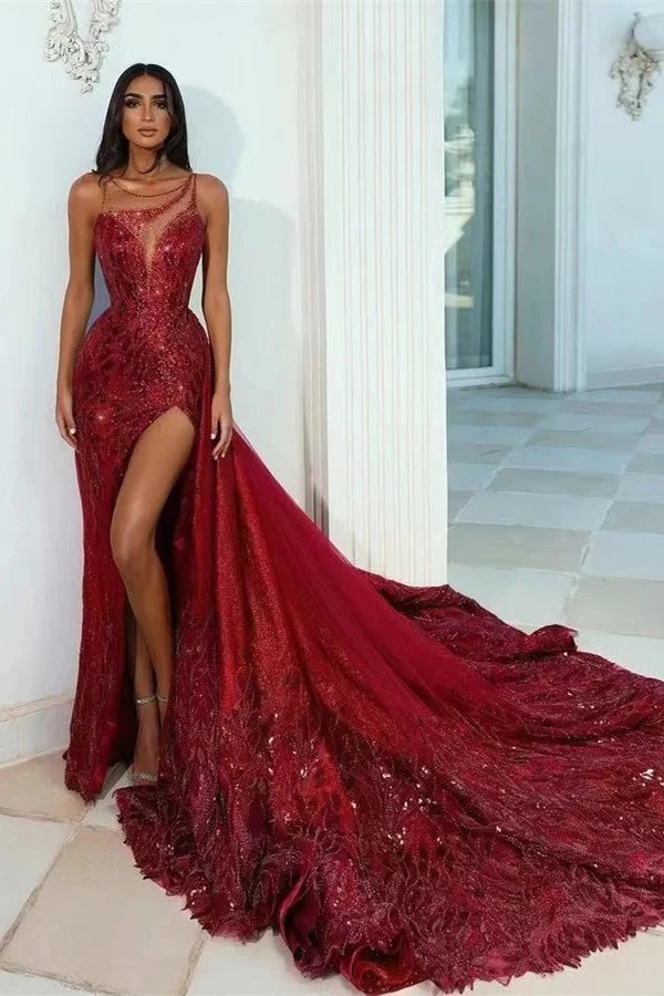 Beautiful Burgundy Sleeveless Mermaid Evening Dress Sequins Split Long With Sequins-BallBride