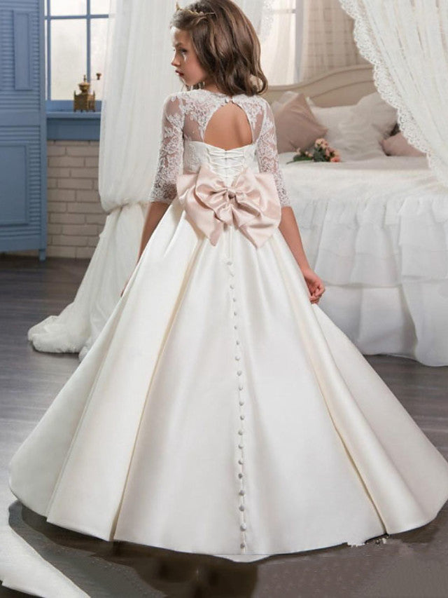 Beautiful Jewel Half Sleeve A-Line Floor Length Flower Girl Dresses Satin with Buttons-BallBride