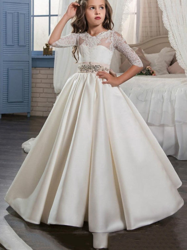 Beautiful Jewel Half Sleeve A-Line Floor Length Flower Girl Dresses Satin with Buttons-BallBride