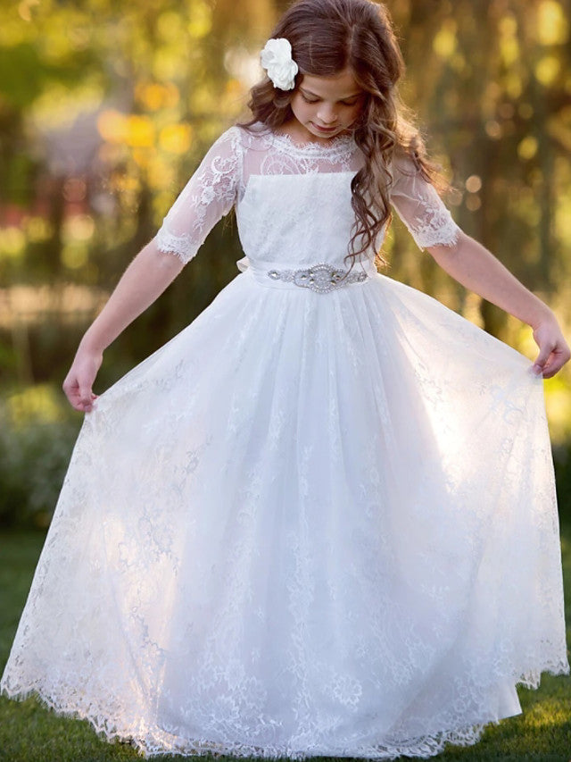 Beautiful Lace Tulle A-Line Floor Length Flower Girl Dress with Long Sleeve and Tier-BallBride