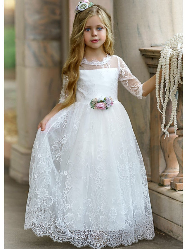 Beautiful Lace Tulle A-Line Floor Length Flower Girl Dress with Long Sleeve and Tier-BallBride