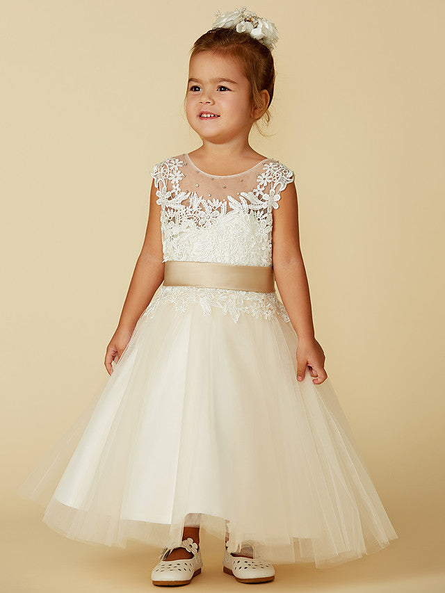Beautiful Lace Tulle Ball Gown With Belt, Buttons & Beading for Flower Girl Dress-BallBride