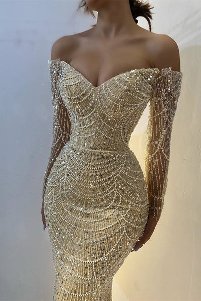 Beautiful Long Sleeves Off-the-Shoulder Prom Dress Mermaid Pearls With Beads-BallBride