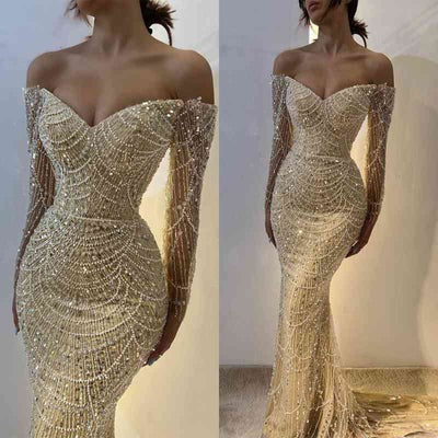 Beautiful Long Sleeves Off-the-Shoulder Prom Dress Mermaid Pearls With Beads-BallBride